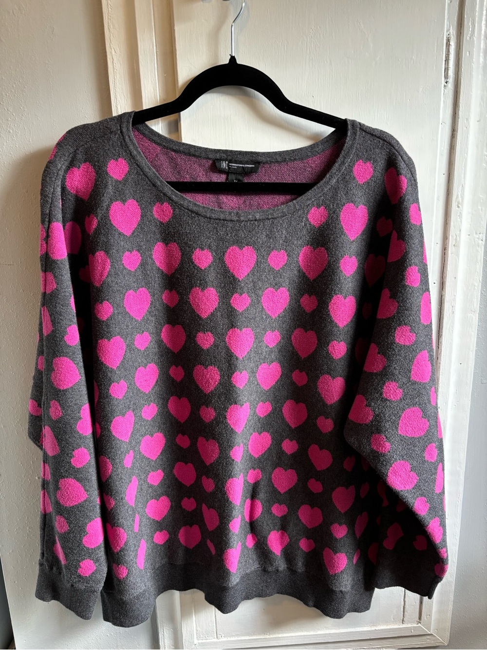 INC International Concepts Gray Crewneck Sweater with Pink Heart Pattern